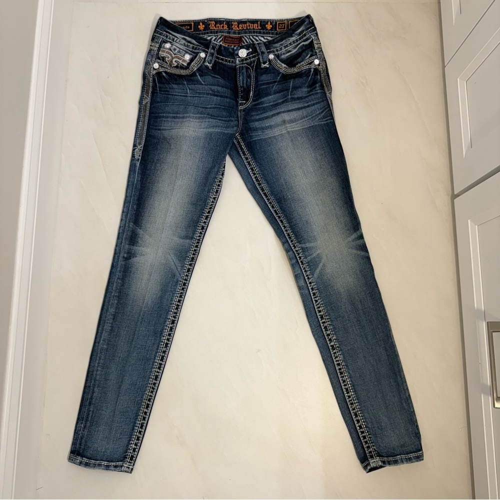 Rock Revival Benita Skinny Jeans Size 27 Dark Wash Fleur-de-Lis
